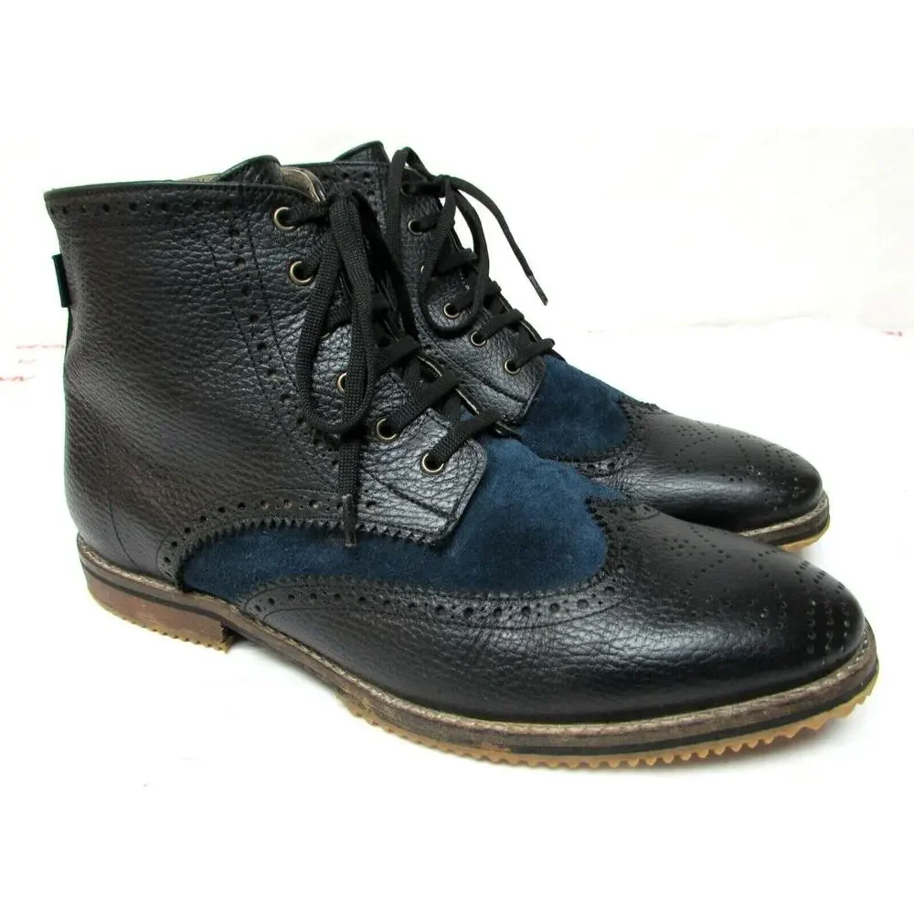 Satori men's size US 11-12 EU 45 leather ankle boots wing tip blue and black